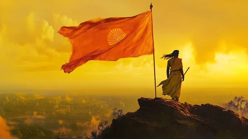 Warrior on cliff with orange flag at golden sunset.