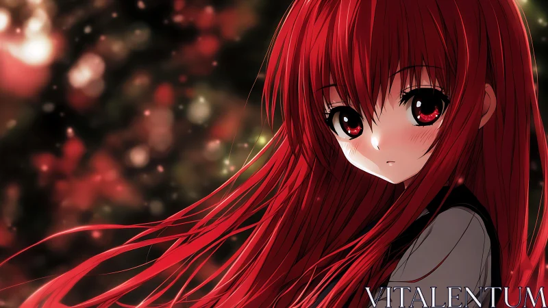 Red haired anime girl with flowing hair at night.