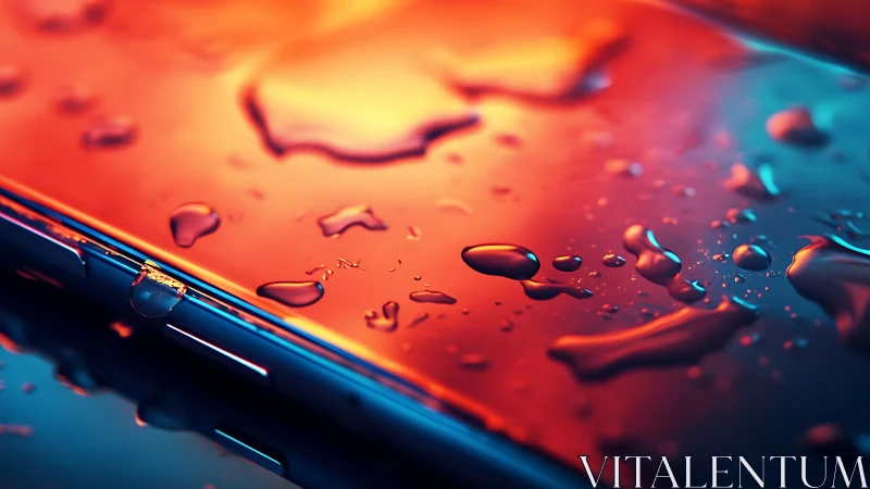 Glowing smartphone surface with playful raindrops in neon light.
