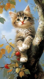 Fuzzy Tree-Dweller: A Kitten's Golden Hour Adventure Among Autumn Berries.