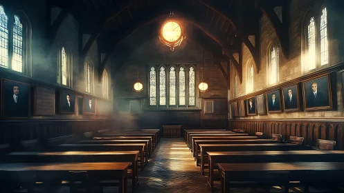 Sunlit hall of solemn portraits in a hush of amber dust.