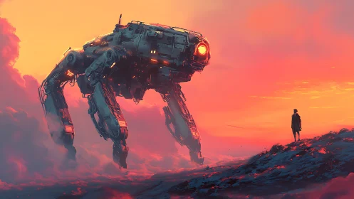 Sunset meeting with a wandering mechanical giant.