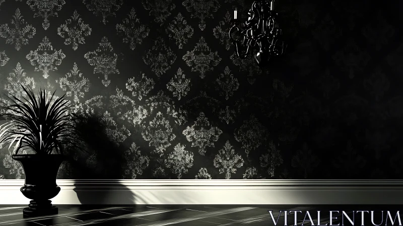 Shadowed damask wall with lone plant and noir chandelier.