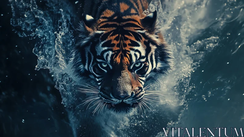 Predatory tiger advances through turbulent water in dramatic chiaroscuro