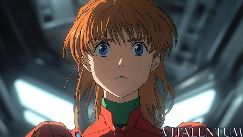 Anime pilot in red suit stands against blurred metallic interior