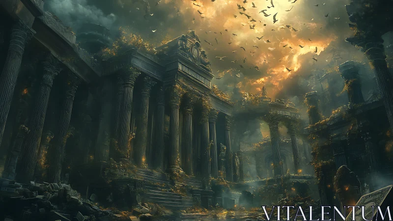 Ancient ruined temple stands beneath a burning storm sky.