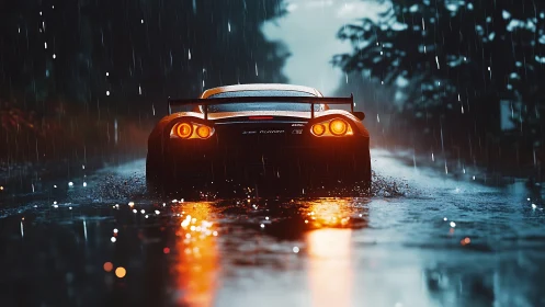 Stormlit street racer glowing through the midnight rain.