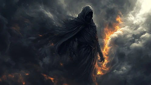 Stormwreathed wraith strides through burning celestial dusk.