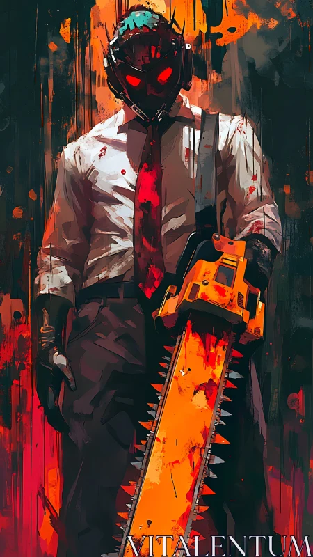 Chainsaw killer stands in blazing neon bloodstorm.