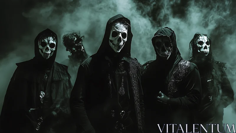 Hooded skull-masked figures stand in dense green fog