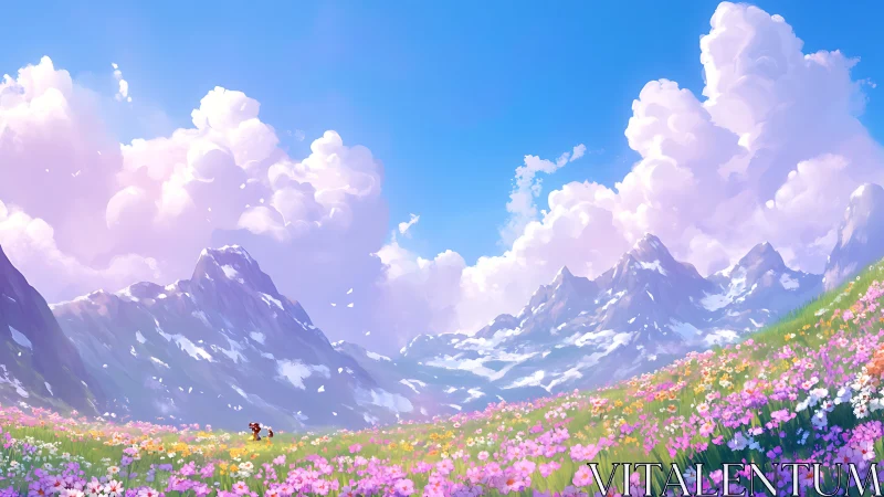 Expansive alpine meadow under towering cumulus clouds