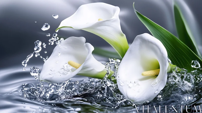 White Calla Lilies Splash Through Crystal Water with Dynamic Motion