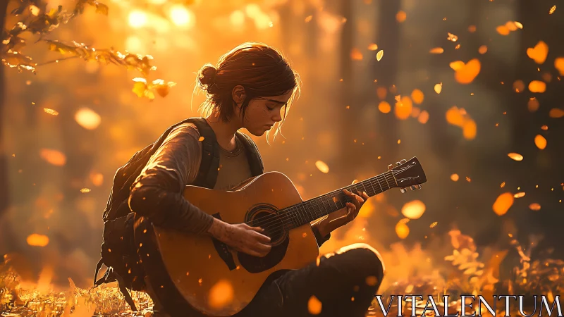 Golden leaves orbit a lone guitarist in quiet forest reverie