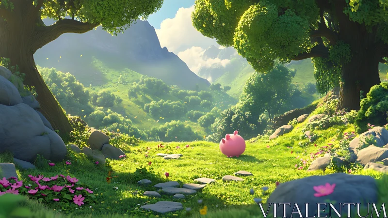 Pink spherical creature in stylized valley clearing landscape.