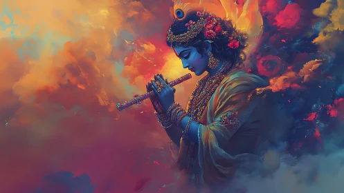 Digital painting of divine flutist in luminous nebulae haze.