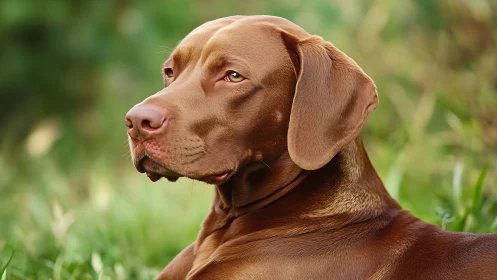Photorealistic canine portrait in shallow-depth outdoor setting.