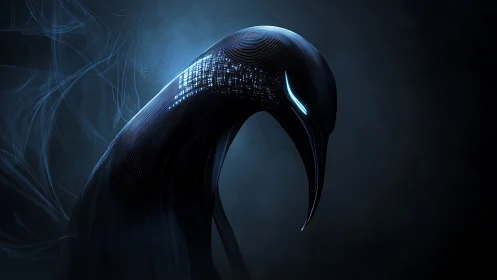 Cybernetic bird silhouette with glowing neon eyes.