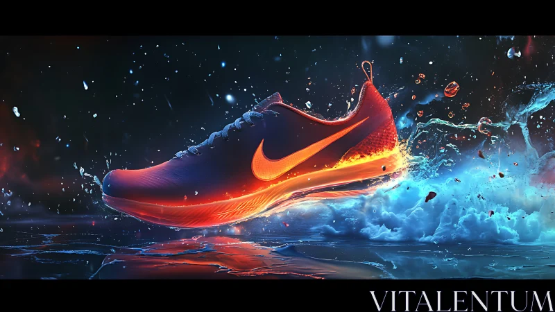 Digital sports shoe rendering in dynamic liquid environment.