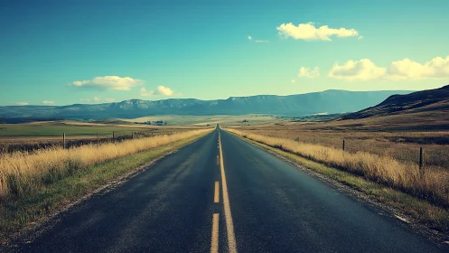 Straight rural highway through open plains toward mountains.