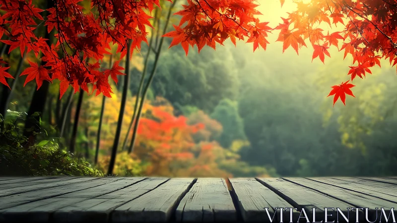 Wooden deck under vivid red autumn maple leaves forest