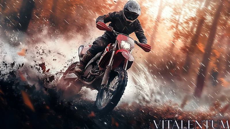 Motorcyclist powers through wet forest trail in rainstorm.