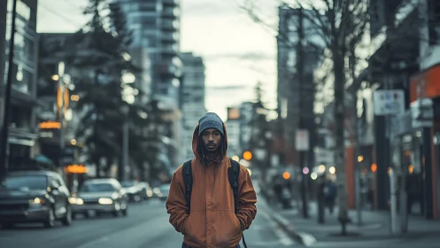 Urban portrait in shallow depth with cinematic winter light.