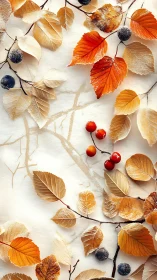 Frosted autumn foliage and berries on light marble backdrop