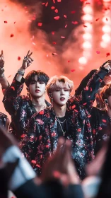 Idol performance under red confetti with dynamic stage backlighting