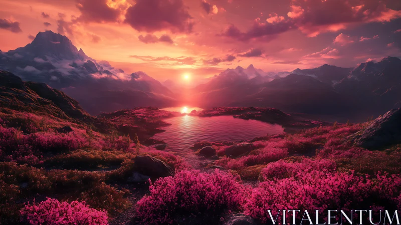 Hyper-saturated alpine lake at sunset under dramatic skies