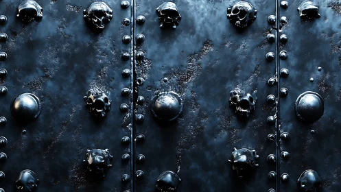 Midnight steel door with eerie skull rivets and gleaming studs.