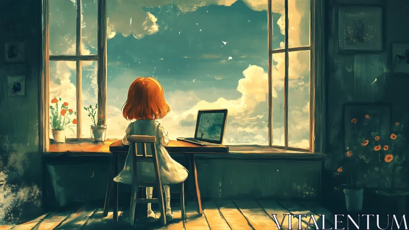 Digital painting of girl at window desk with luminous skyscape.