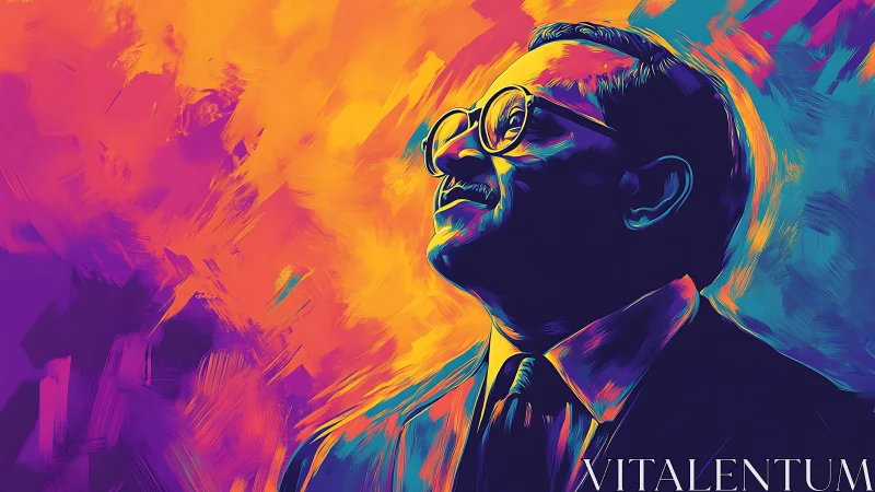 Vibrant neon portrait of suited man in upward gaze profile.