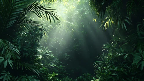 Dense Jungle Canopy With Ethereal Light Rays Penetrating Verdant Foliage.