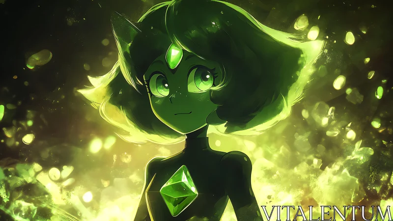Green gem powered anime girl in glowing energy field.
