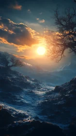 Sunset over frozen valley beneath stark winter trees.