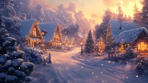 Snowy village street with warmly lit winter cabins.