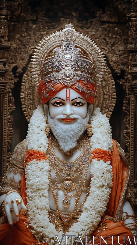 Hindu deity statue sits adorned with garlands and jewelry