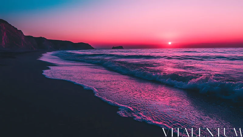 Neon-tide shoreline glowing under a magenta dream sunset.