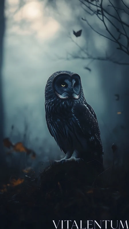 Midnight forest owl watches quietly through the mist