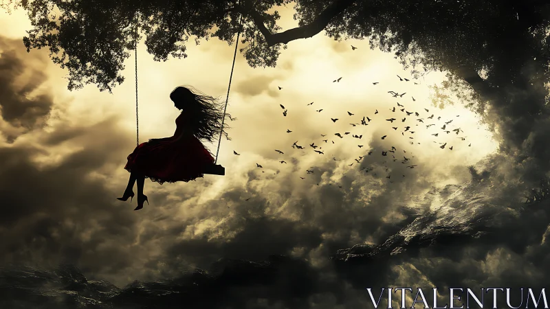 Twilight swing above the clouds and a river of flying birds.