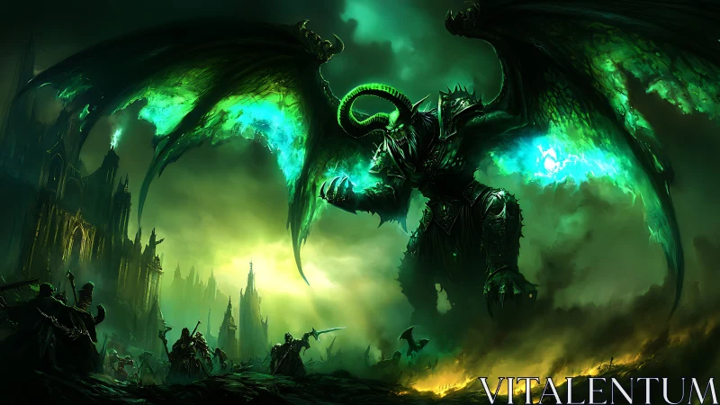 Colossal demon overlord dominates toxic emerald battlefield.