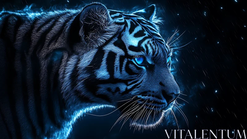 Electric blue tiger profile under neon cosmic rainscape.