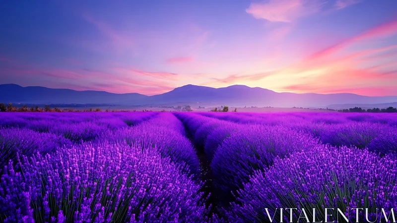 Lavender field glows under vivid sunset sky near distant mountains
