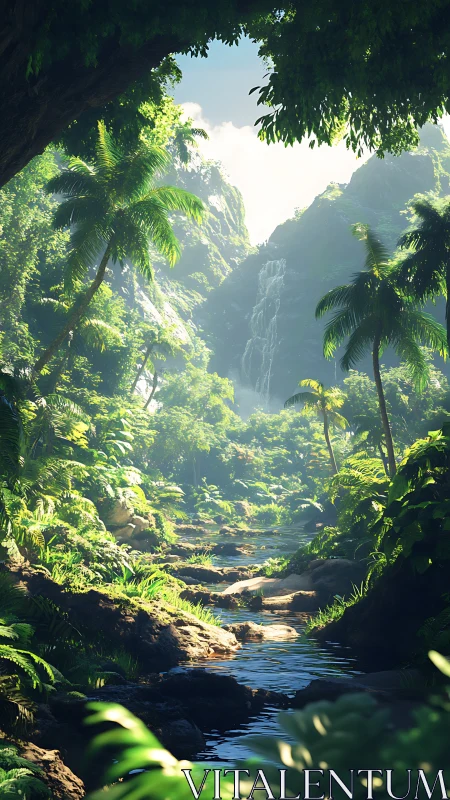 Tropical Jungle Canyon with Waterfall Stream and Palm Trees