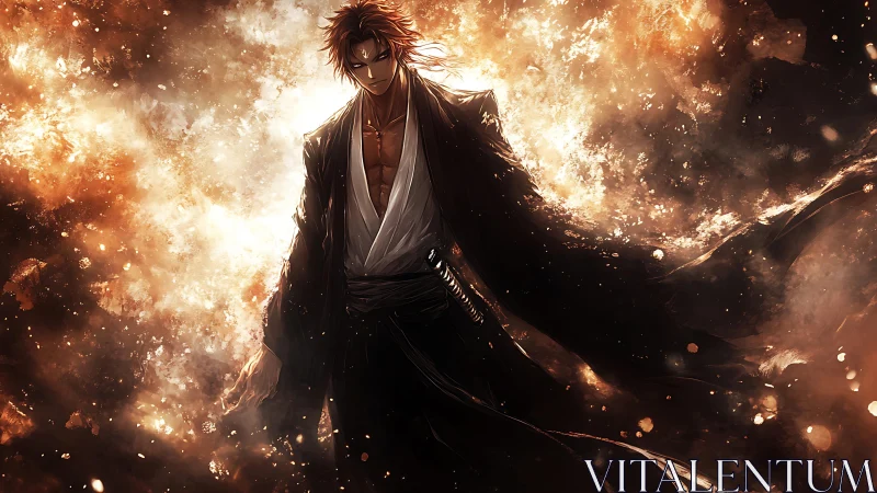 Bladewalker strides through burning starlit inferno storm.