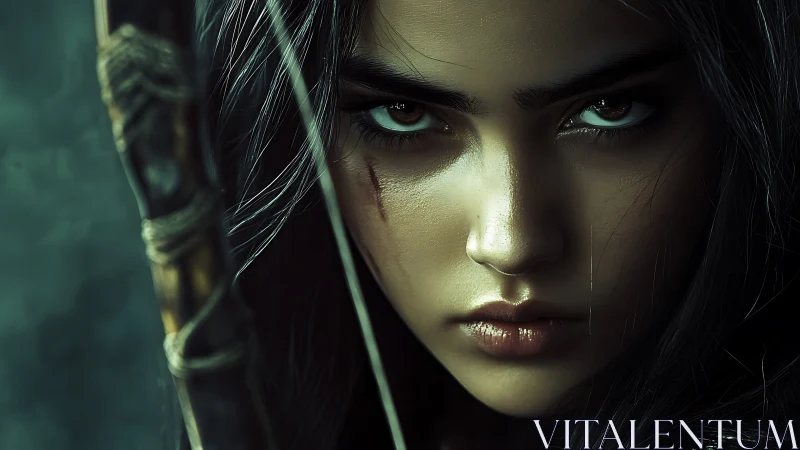 Warrior archer’s fierce gaze cuts through shadowed silence