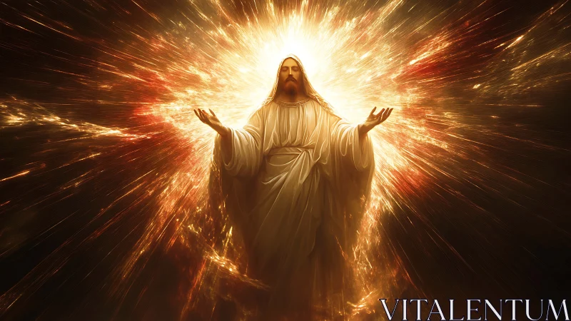 Radiant robed figure rising within a burst of golden light.