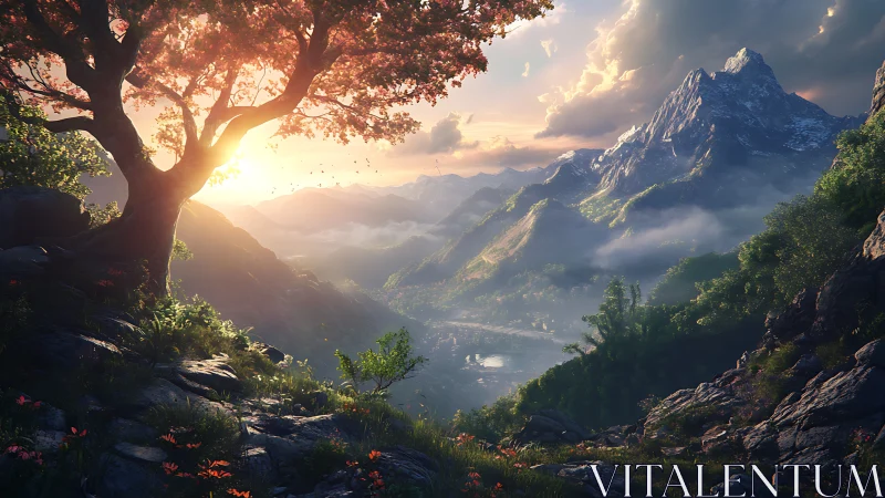 Sunlit valley with lone tree and distant snow peak.