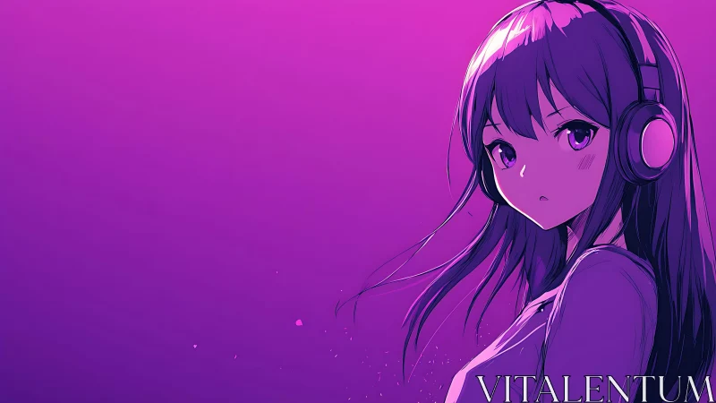 Purple anime girl with headphones against gradient background.