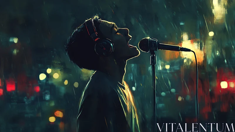 Urban night singer bathed in neon rainlit bokeh glow.
